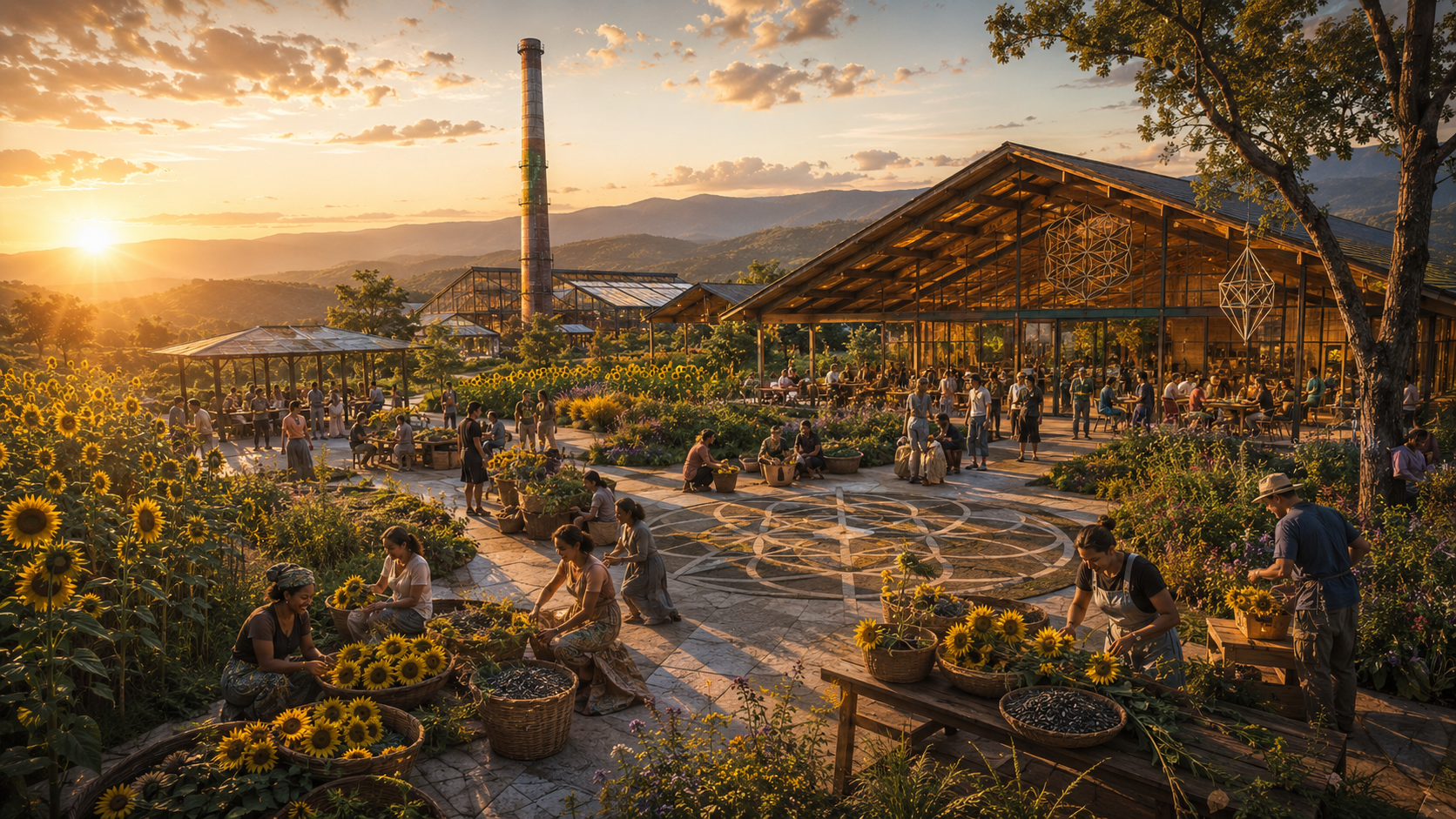 Community sunflower harvest and gathering space with baskets, pavilion, sacred geometry plaza, and mountain sunset.