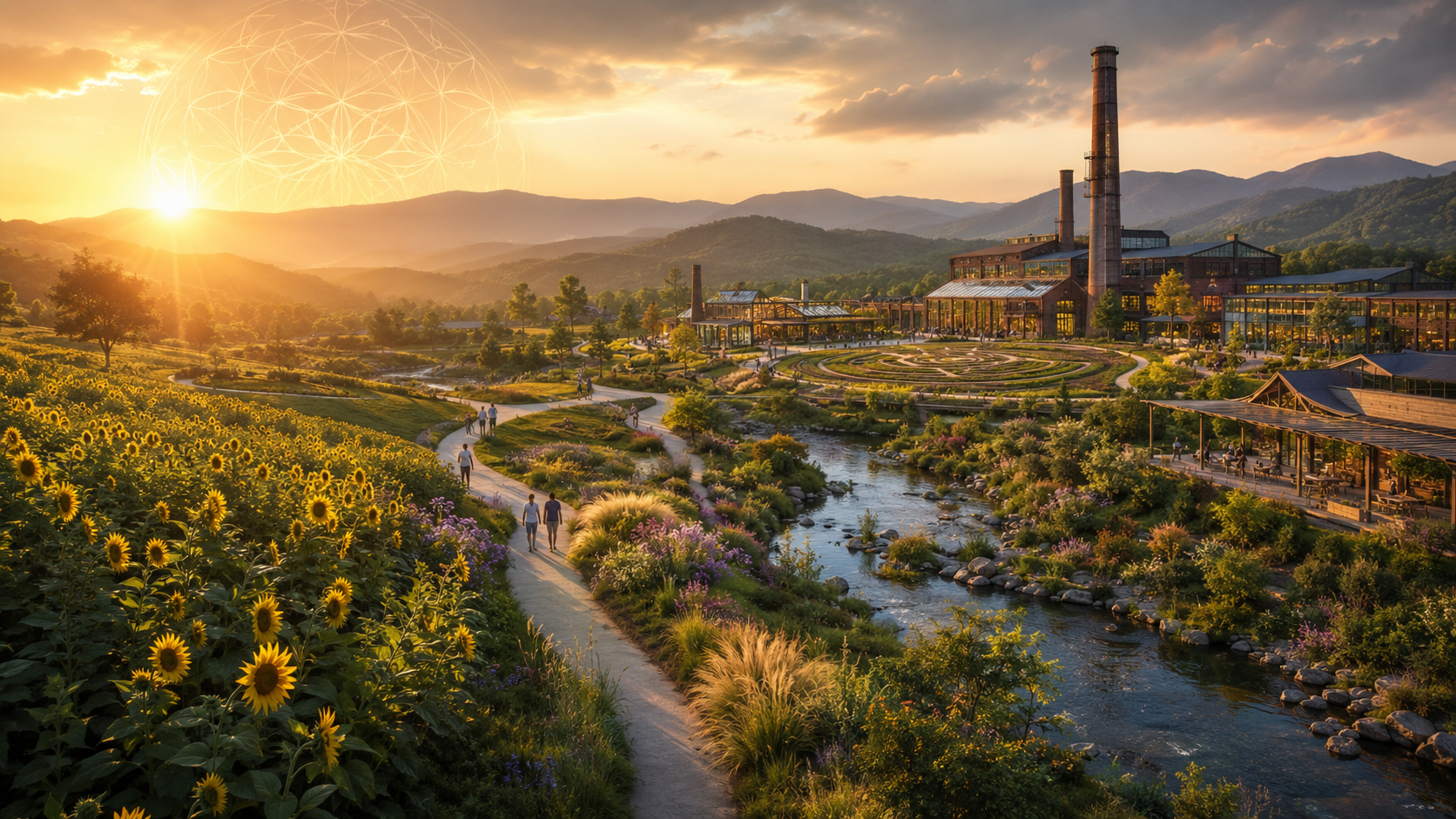 Sunflower fields, walking paths, stream, restored mill buildings, mountains, and sacred geometry at golden hour in the Ecusta vision.