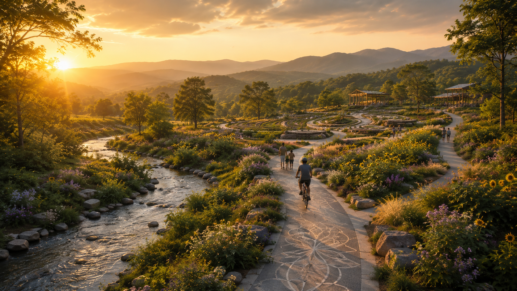 Walking and biking trail beside a clear stream with sunflowers, native grasses, wildflowers, and mountain views.