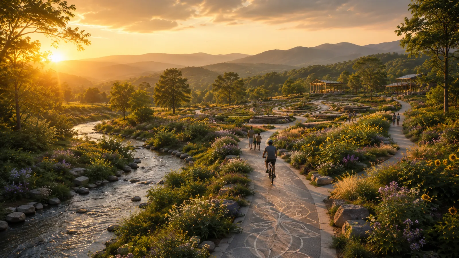 Walking and biking trail beside a clear stream with sunflowers, native grasses, wildflowers, and mountain views.