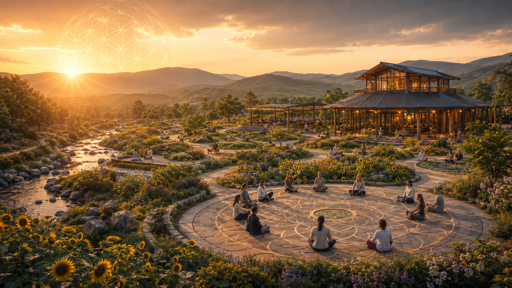 Sacred-geometry wellness garden with meditation circle, sunflower plantings, stream, pavilion, and Blue Ridge mountain views.